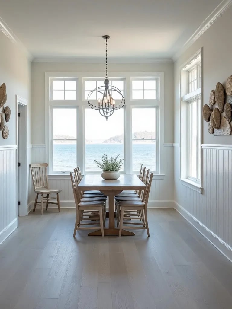 Coastal dining room with driftwood inspired vinyl floors and shell decor