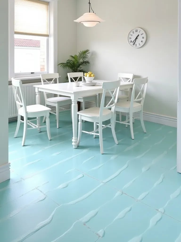 Coastal dining room with light blue epoxy floor featuring subtle wave pattern