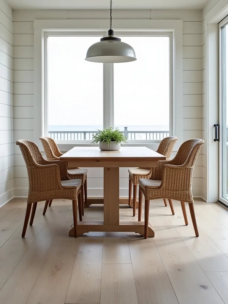 Coastal dining room with weathered driftwood look vinyl plank flooring