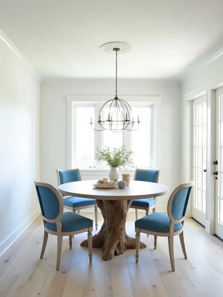Coastal dining room with whitewashed oak floors and beach inspired decor