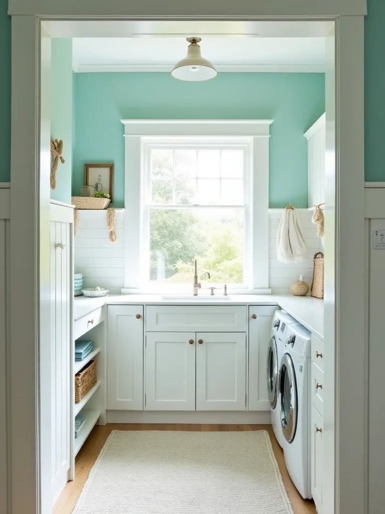 Coastal inspired aqua laundry room with white shiplap and rope accents