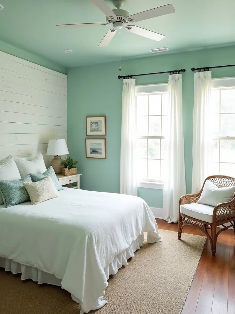 Coastal inspired bedroom with seafoam green walls and nautical accents