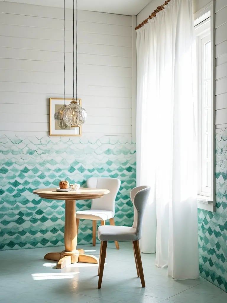Coastal inspired dining room with aqua blue mosaic ceramic tile floor in wave pattern