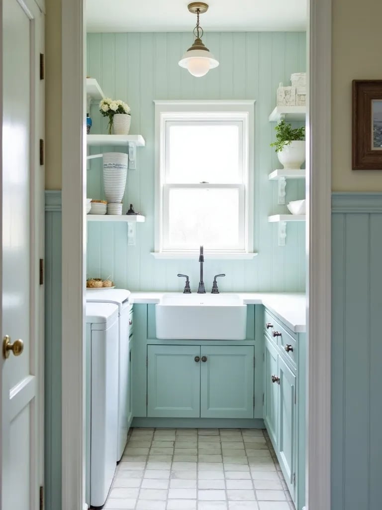 Coastal inspired laundry room with pale blue walls and white shelving