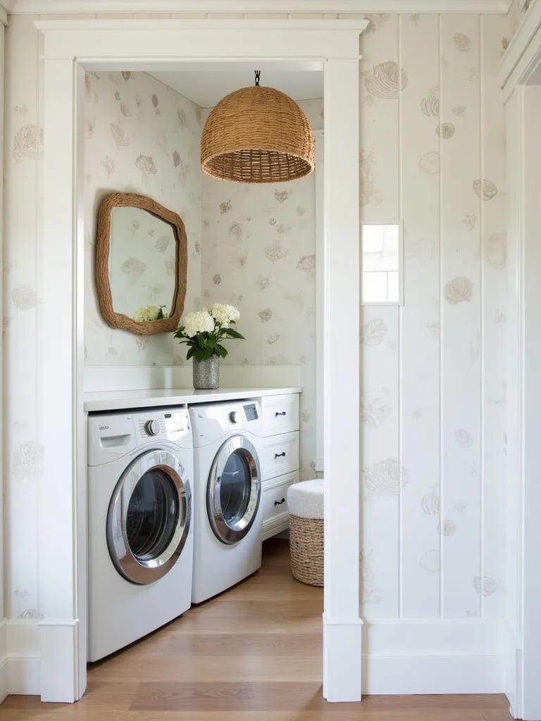 Coastal inspired laundry room with seashell wallpaper and nautical accents