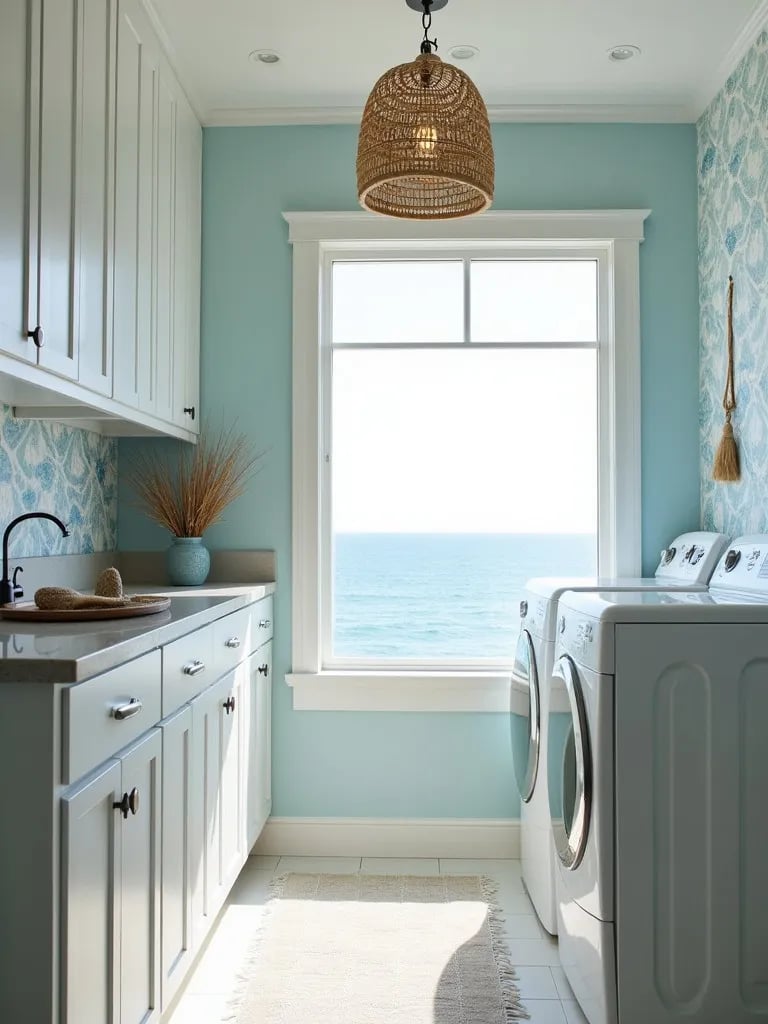 Coastal laundry room with blue seashell wallpaper and rattan light fixture
