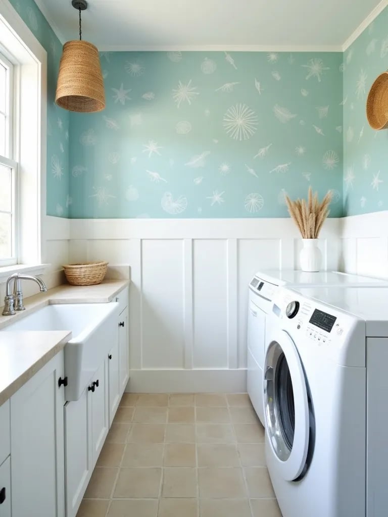 Coastal laundry room with blue seashell wallpaper, white wainscoting, and rattan accents