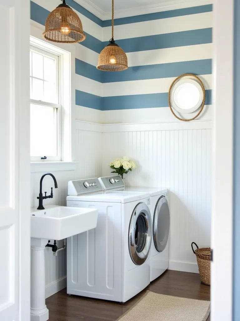 Coastal laundry room with striped wallpaper and nautical accents