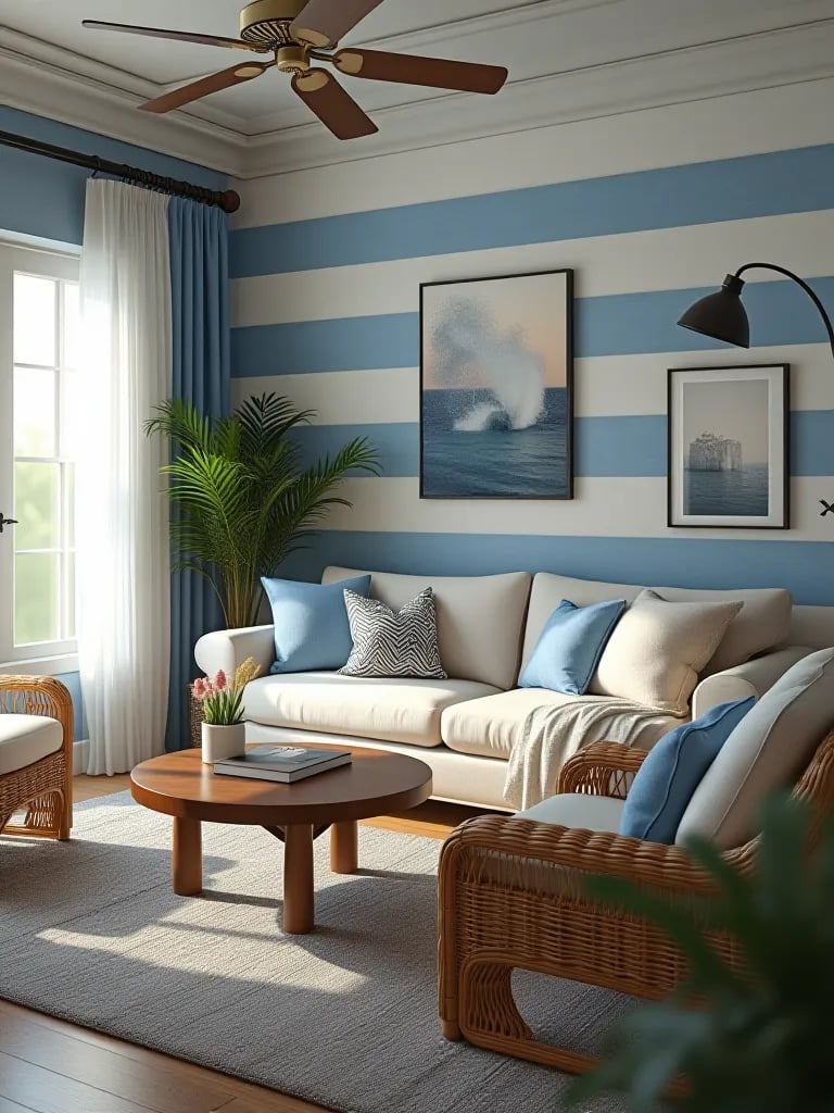 Coastal living room with blue striped wallpaper and nautical decor