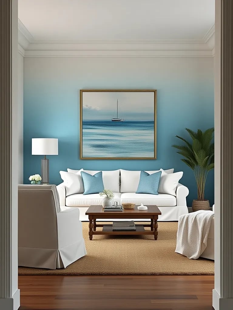 Coastal living room with blue watercolor wallpaper and nautical inspired decor