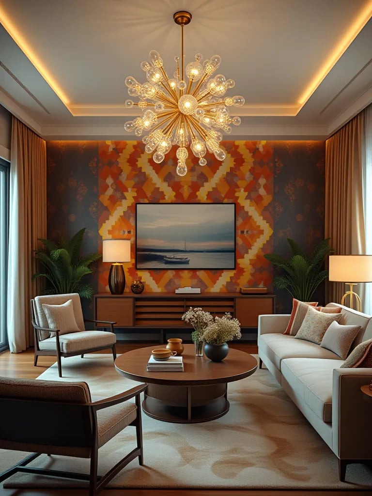 Coastal living room with seagrass textured wallpaper accent wall and rattan lighting