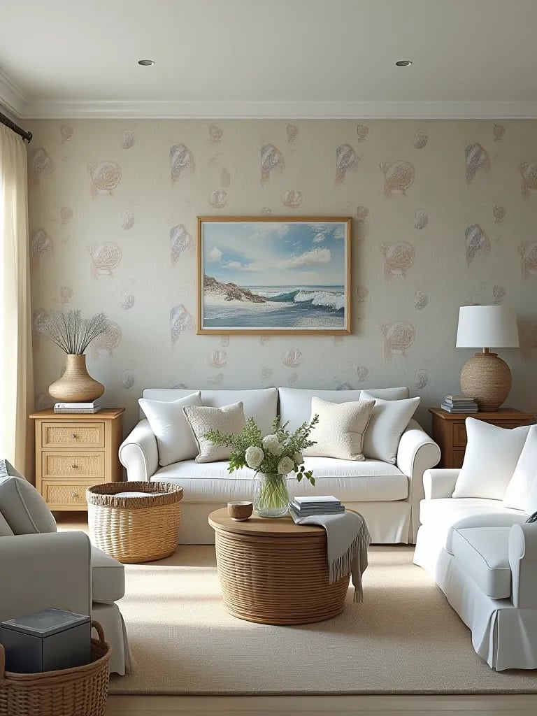 Coastal living room with seashell wallpaper and white furniture