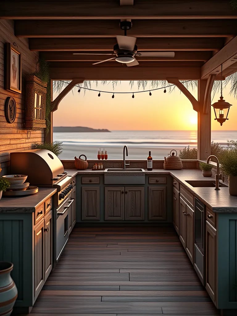 Coastal outdoor kitchen with weathered wood and beach view at sunset