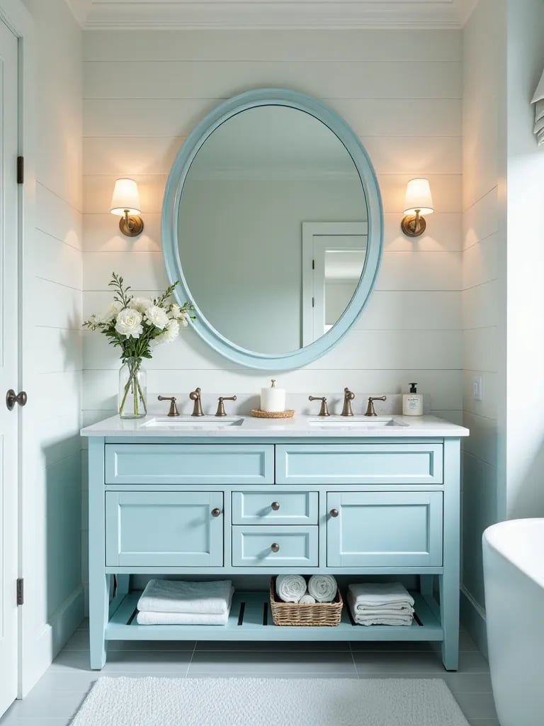 Coastal themed bathroom with light blue double vanity, shiplap walls, and oval mirror