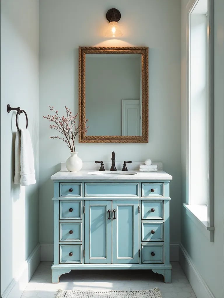 Coastal themed bathroom with weathered blue vanity and rope framed mirror