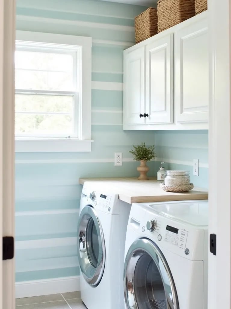 Coastal themed laundry room with blue and white striped wallpaper and rope accents