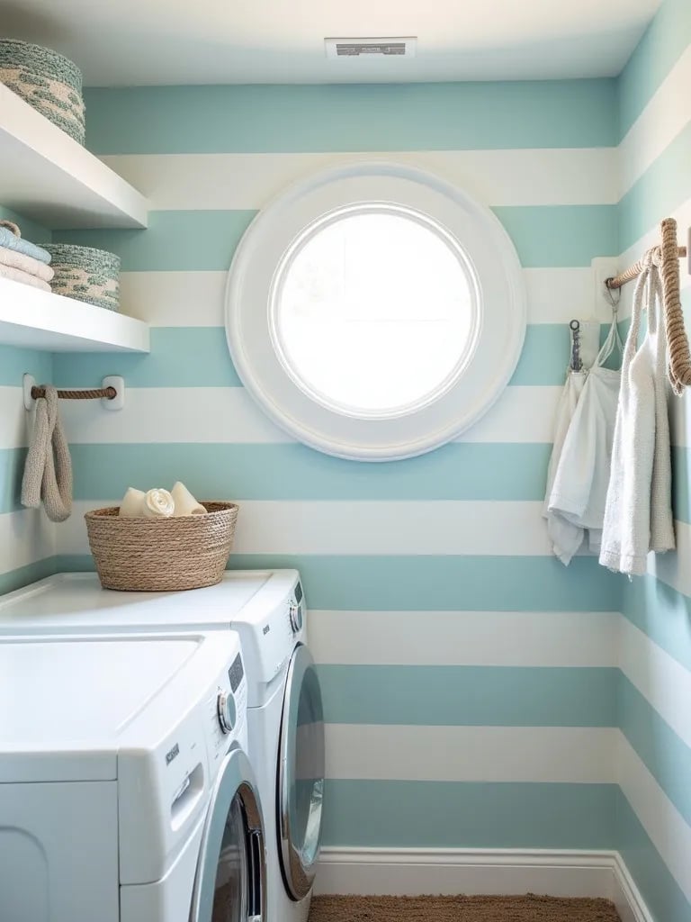 Coastal themed laundry room with blue striped wallpaper and nautical accents