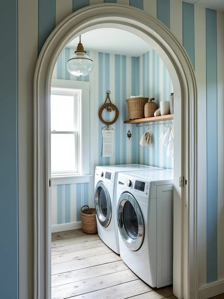 Coastal themed laundry room with blue striped wallpaper and rope accents