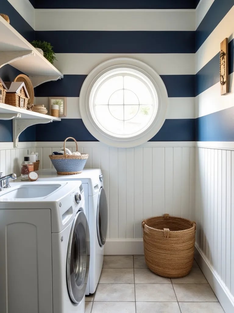 Coastal themed laundry room with navy striped wallpaper and porthole window