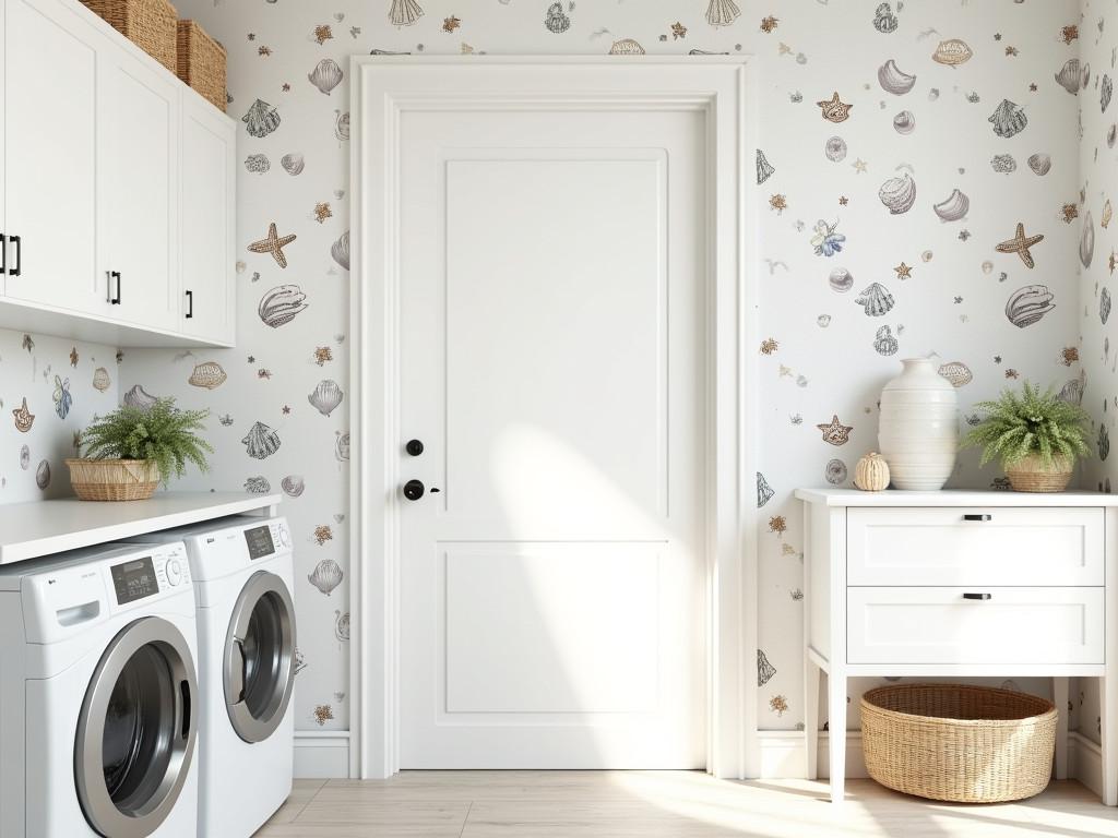 Coastal themed laundry room with seashell wallpaper and white cabinets