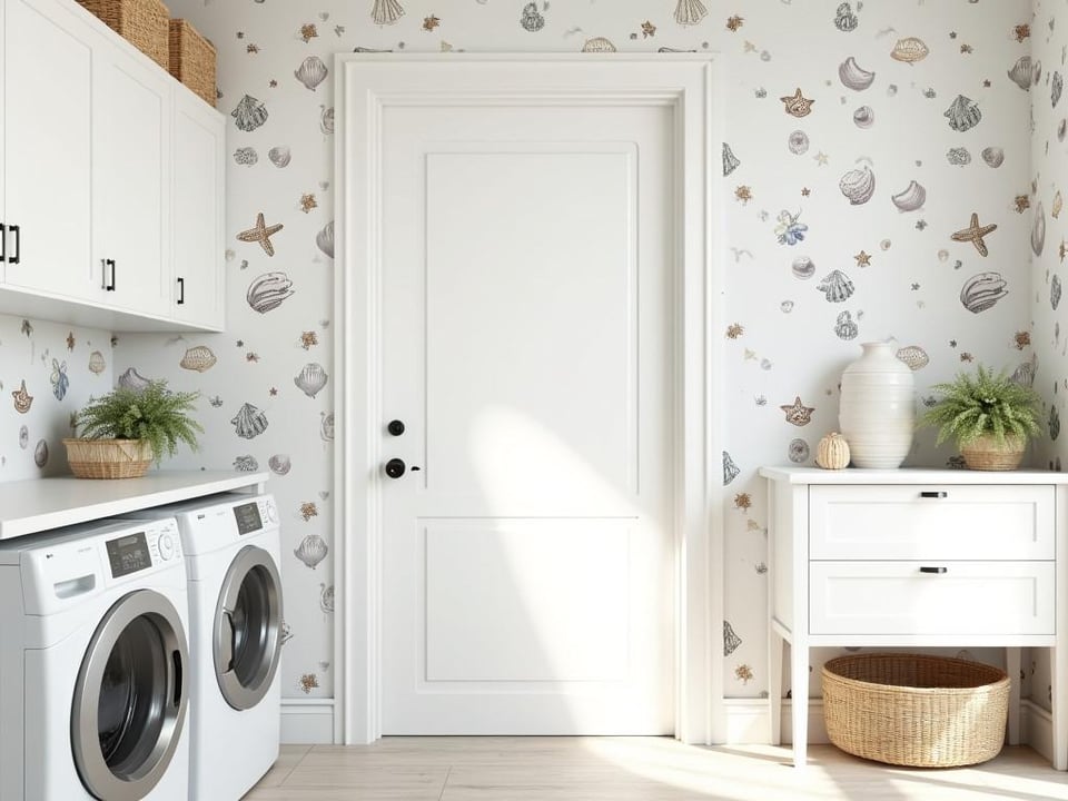 Coastal themed laundry room with seashell wallpaper and white cabinets