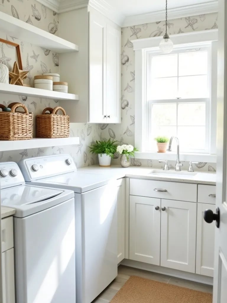 Coastal themed laundry room with seashell wallpaper and white cabinets