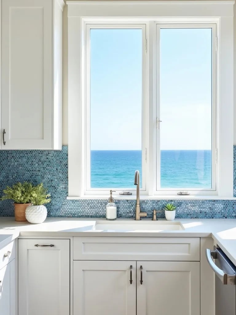 Coastal white kitchen with blue mosaic backsplash and ocean view