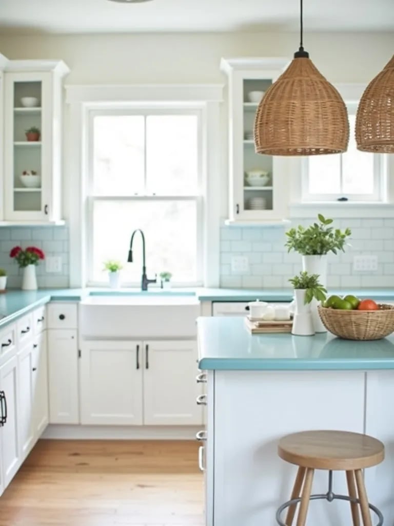 Coastal white kitchen with light blue glass countertops and woven pendant lights