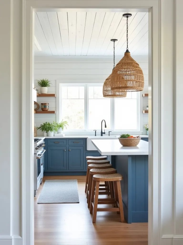 Coastal white kitchen with shiplap walls and blue accents