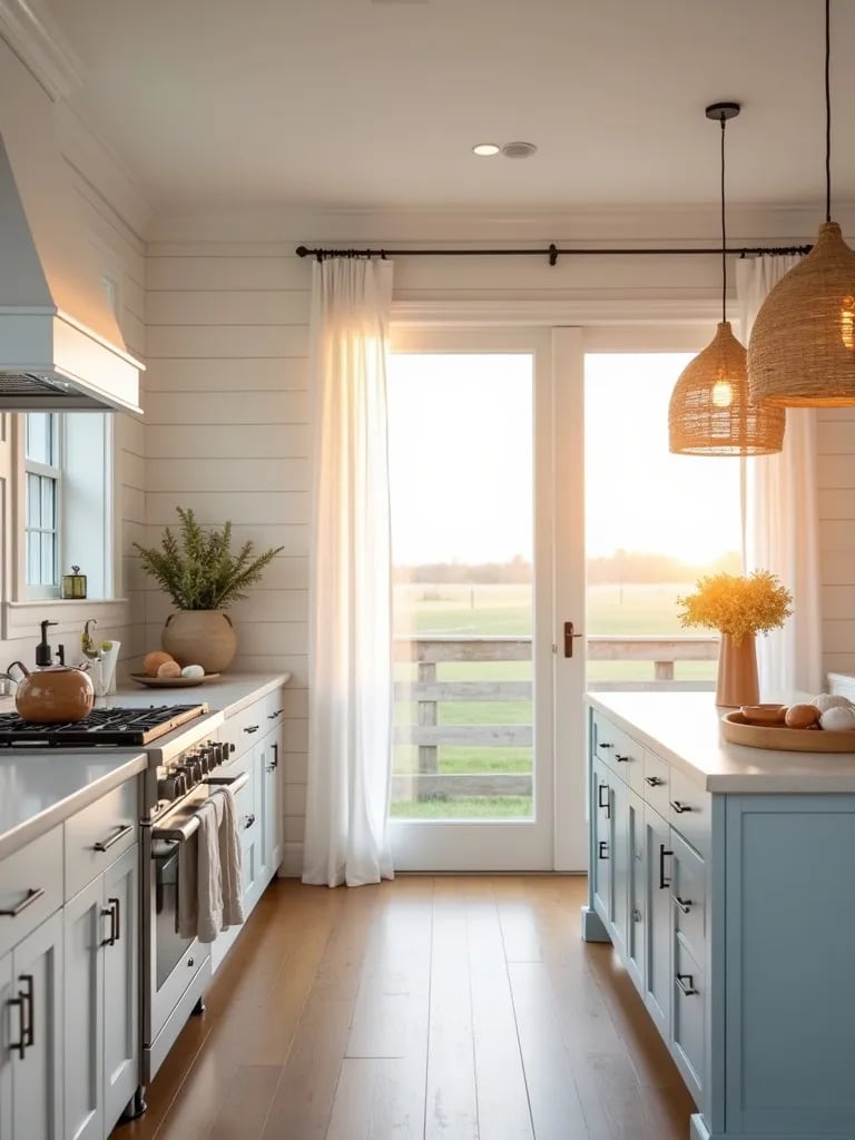 Coastal white kitchen with shiplap walls and blue island