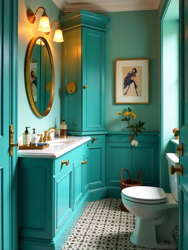 Colorful bathroom design featuring teal vanity and geometric floor tiles