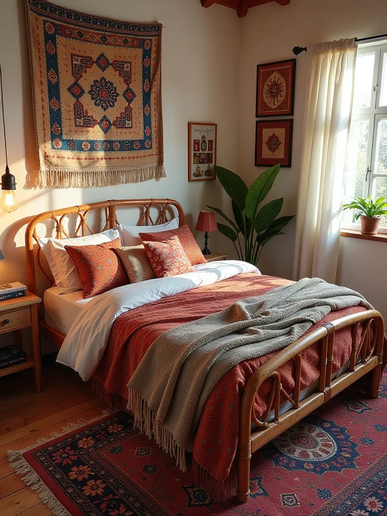 Colorful boho bedroom with mixed patterns and rattan furniture