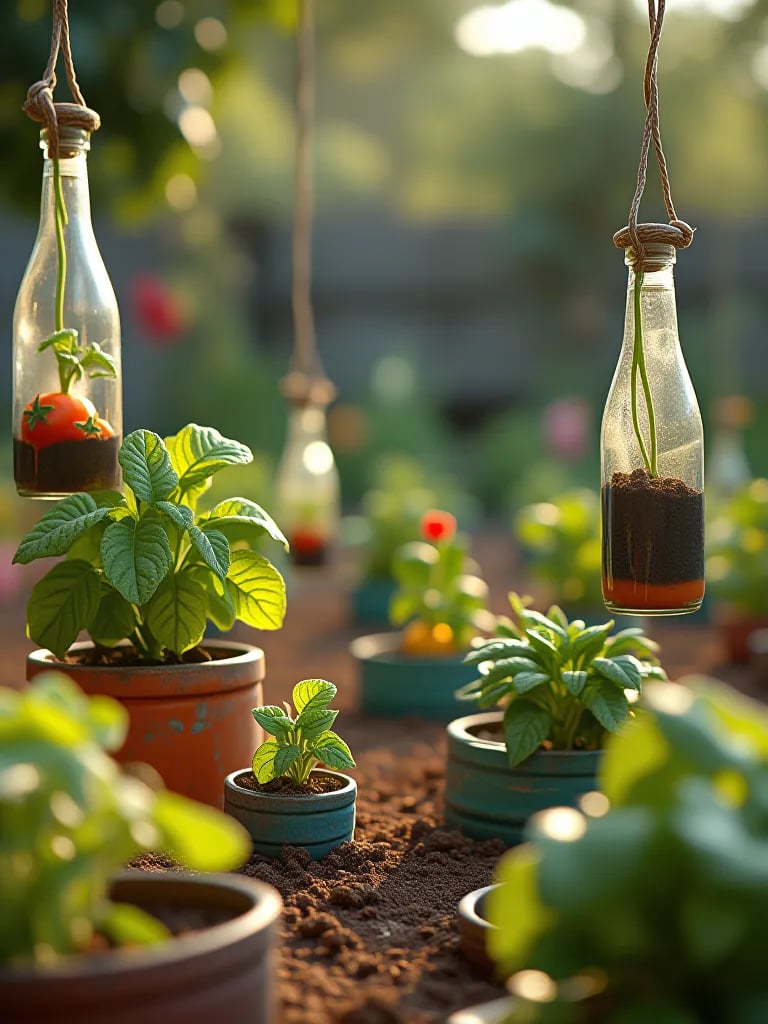 Colorful children’s garden with diverse vegetable containers and planters