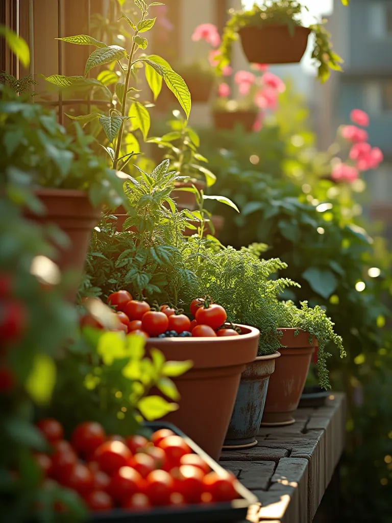 Colorful container garden with various vegetables on urban balcony