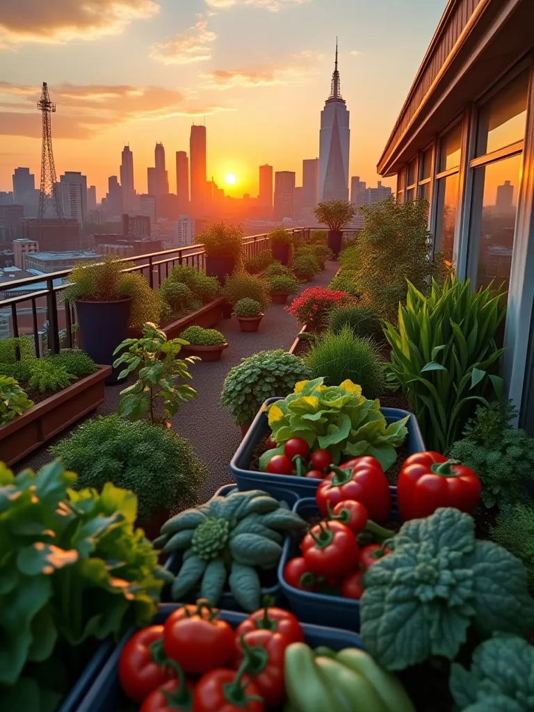 Colorful container vegetable garden on rooftop with cityscape backdrop