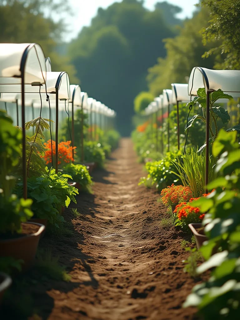 Colorful garden path lined with container vegetables and protective structures