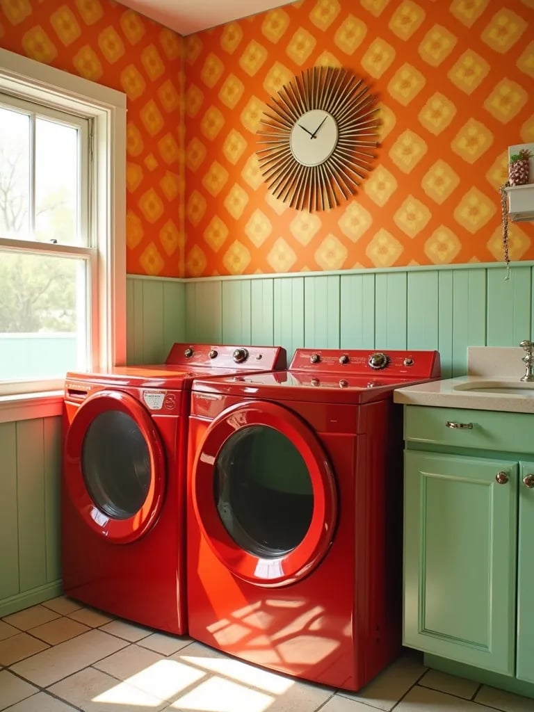 Colorful retro style laundry room featuring geometric wallpaper and starburst clock