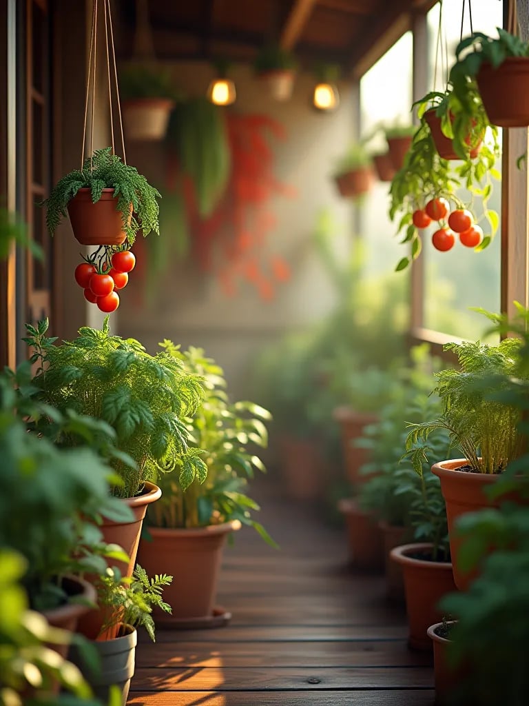 Compact balcony garden with various vegetable containers in early sunlight