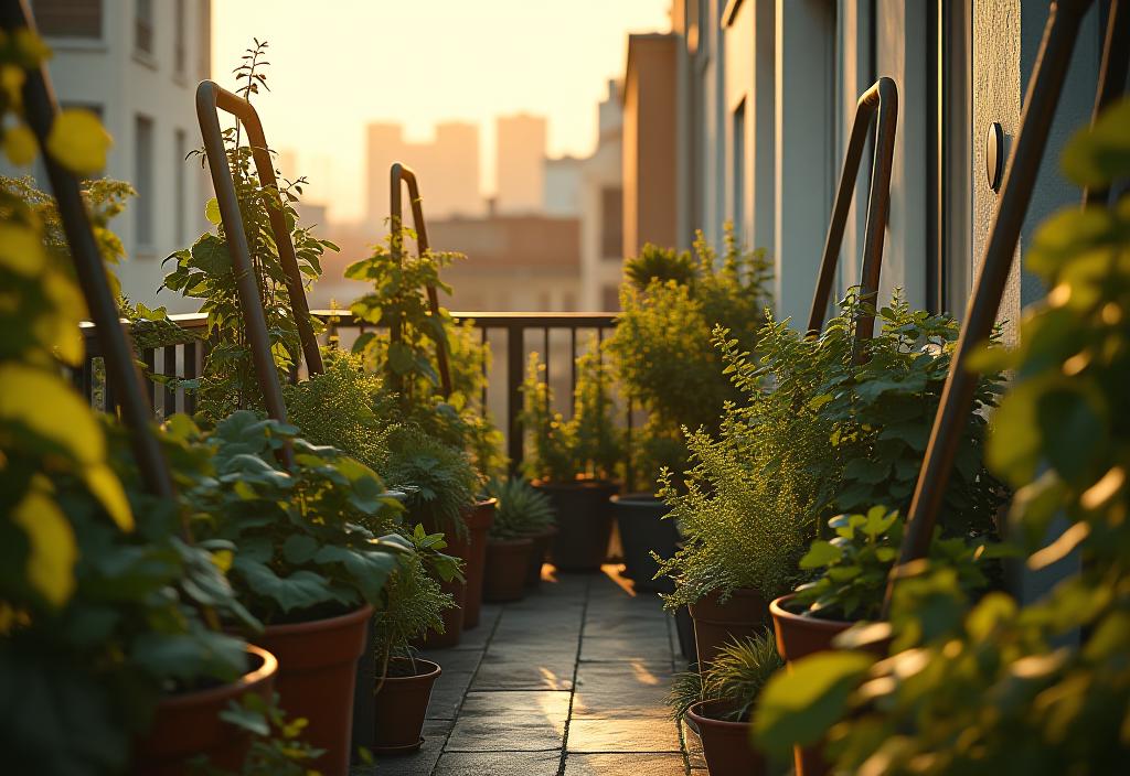 Compact balcony with thriving vegetable containers and trellises