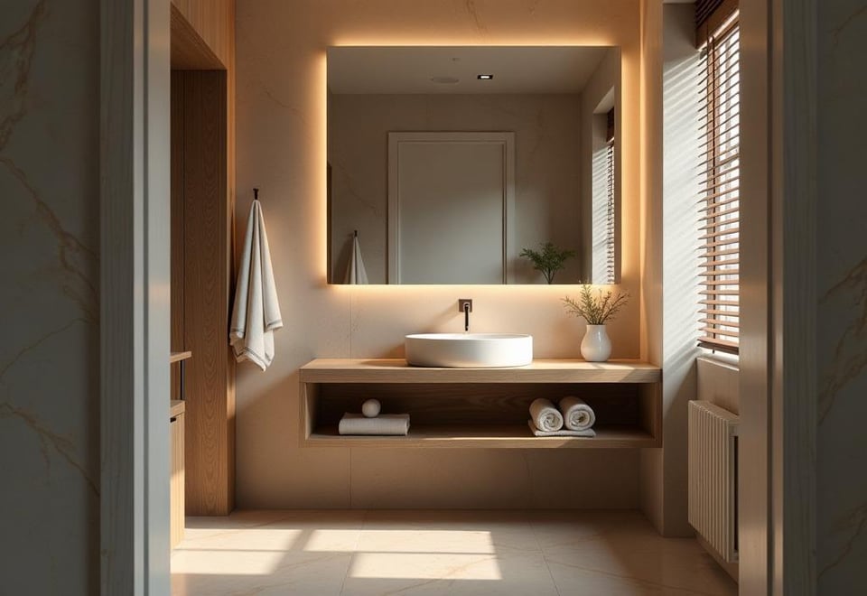 Compact bathroom with floating vanity and large mirror, soft lighting