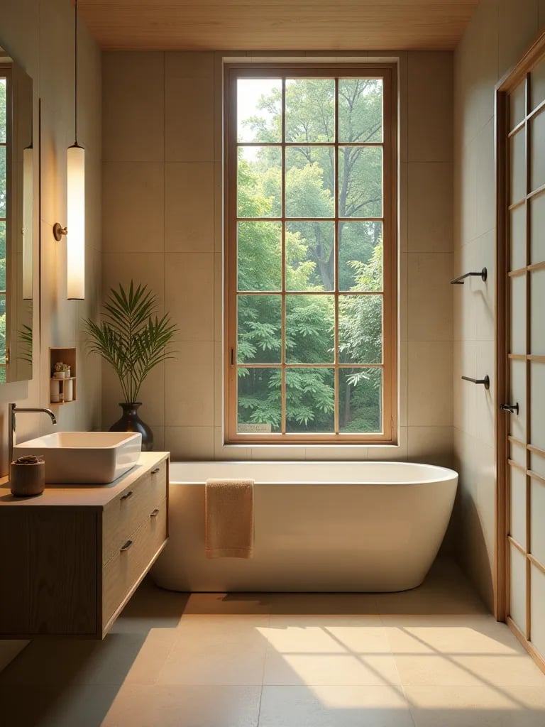 Compact bathroom with glass partition, rain shower, and onyx accent wall
