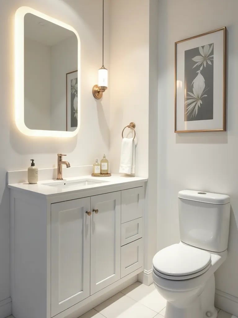 Compact bathroom with white corner vanity and triangular sink