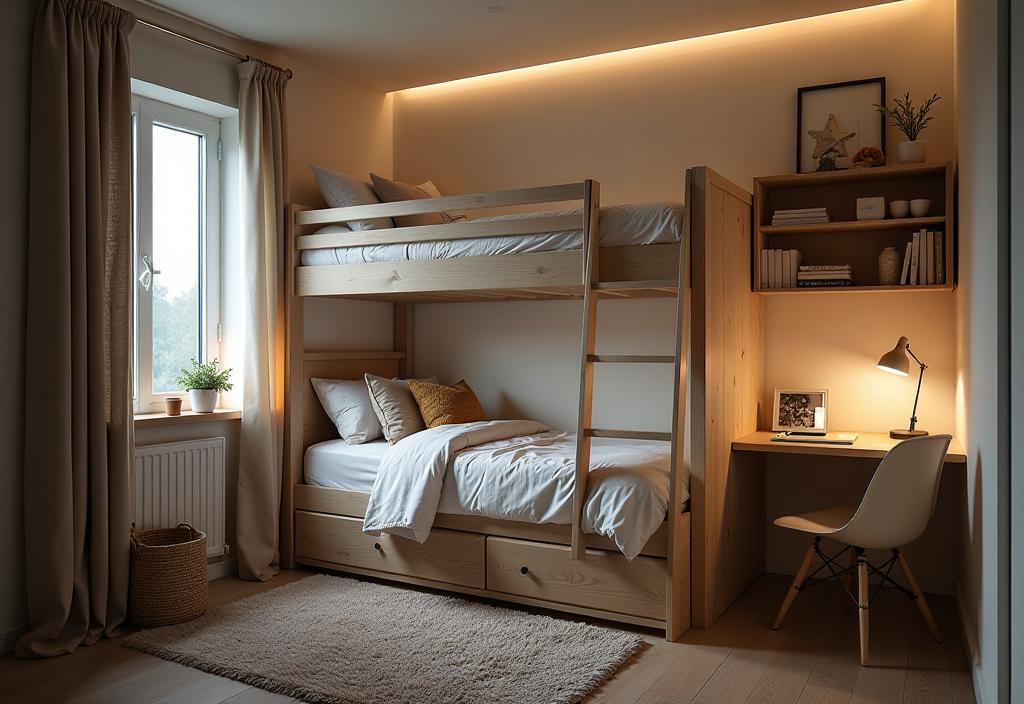 Compact bedroom featuring loft bed with desk and storage underneath