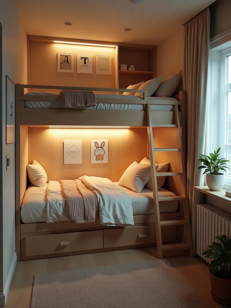 Compact bedroom featuring loft bed with workspace underneath