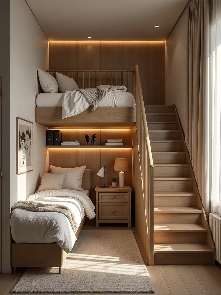 Compact bedroom featuring mezzanine and alternating tread stairs