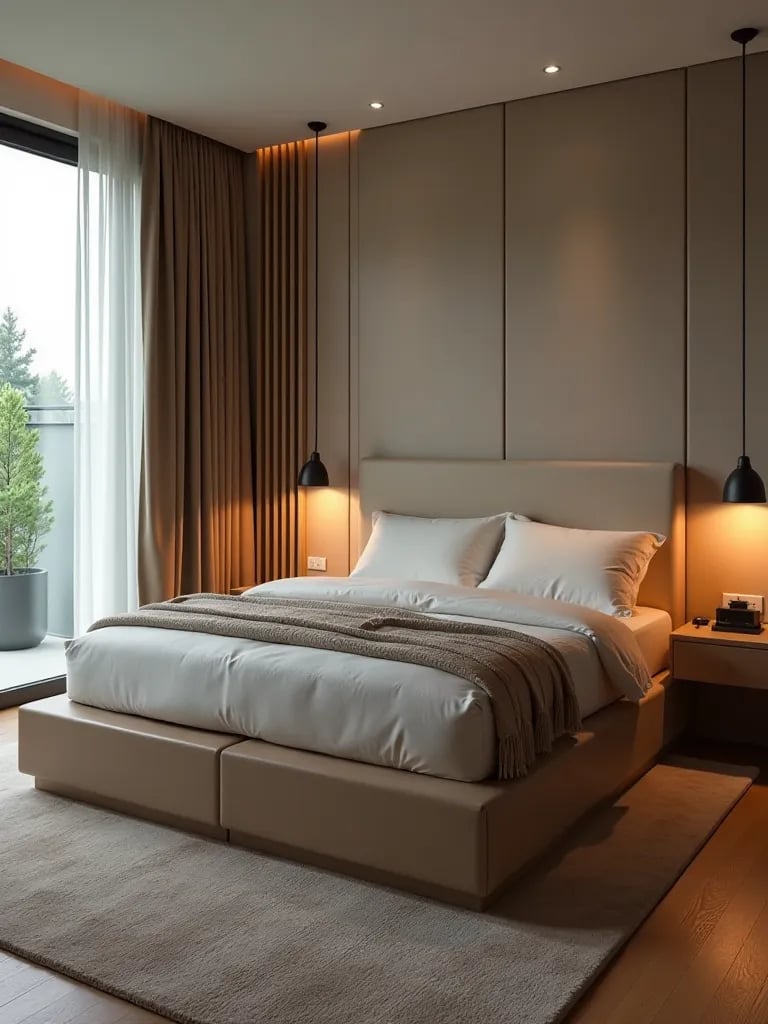 Compact bedroom featuring platform bed and floating nightstands