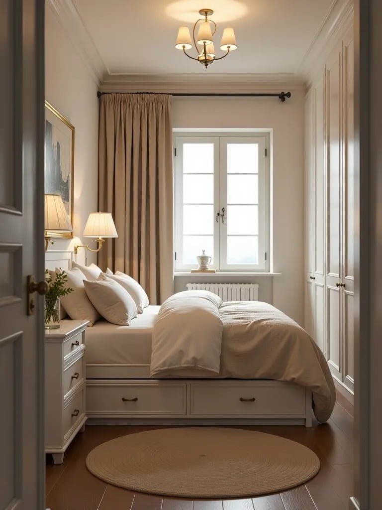 Compact bedroom utilizing vertical space with tall furniture