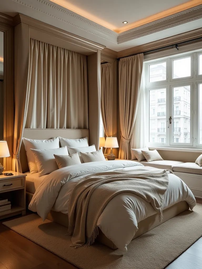 Compact bedroom with canopy bed and space enhancing mirrors