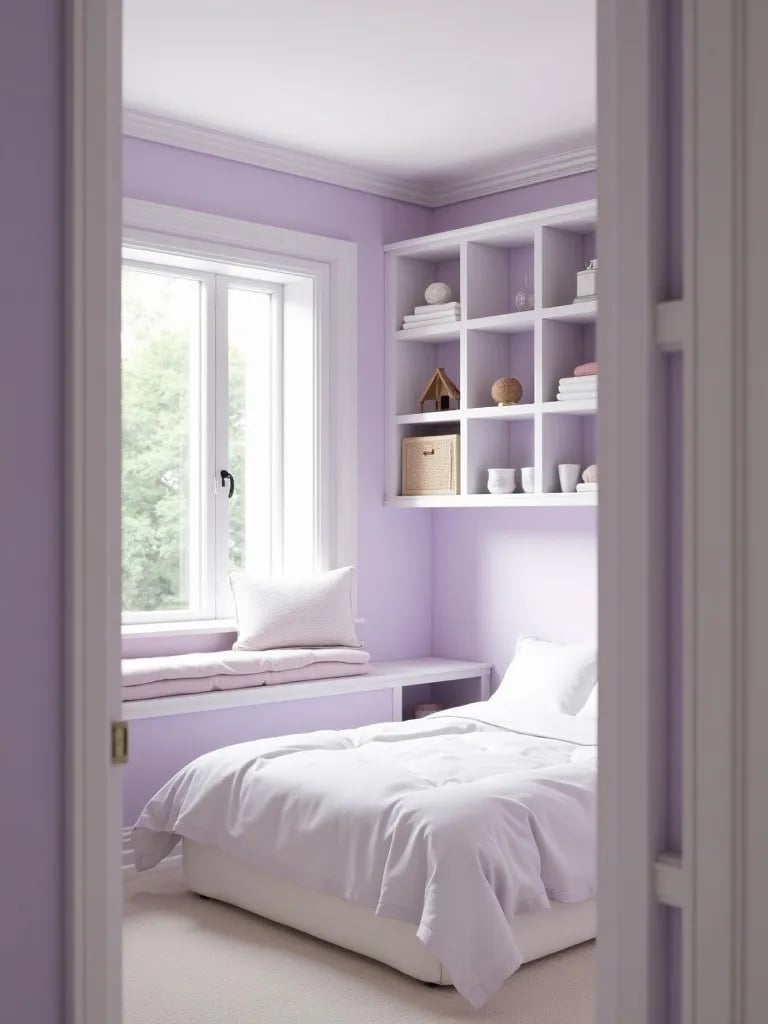 Compact bedroom with lavender walls, white ceiling, built in shelving, and window seat