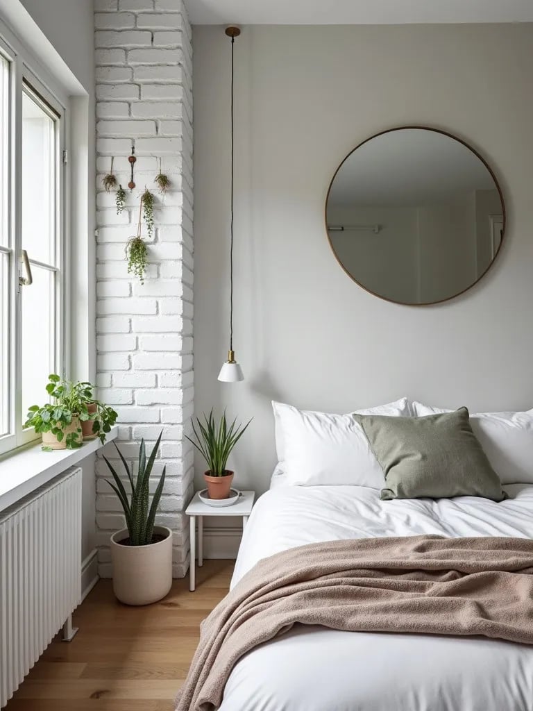 Compact bedroom with light gray walls, white brick accent, mirror, and plants